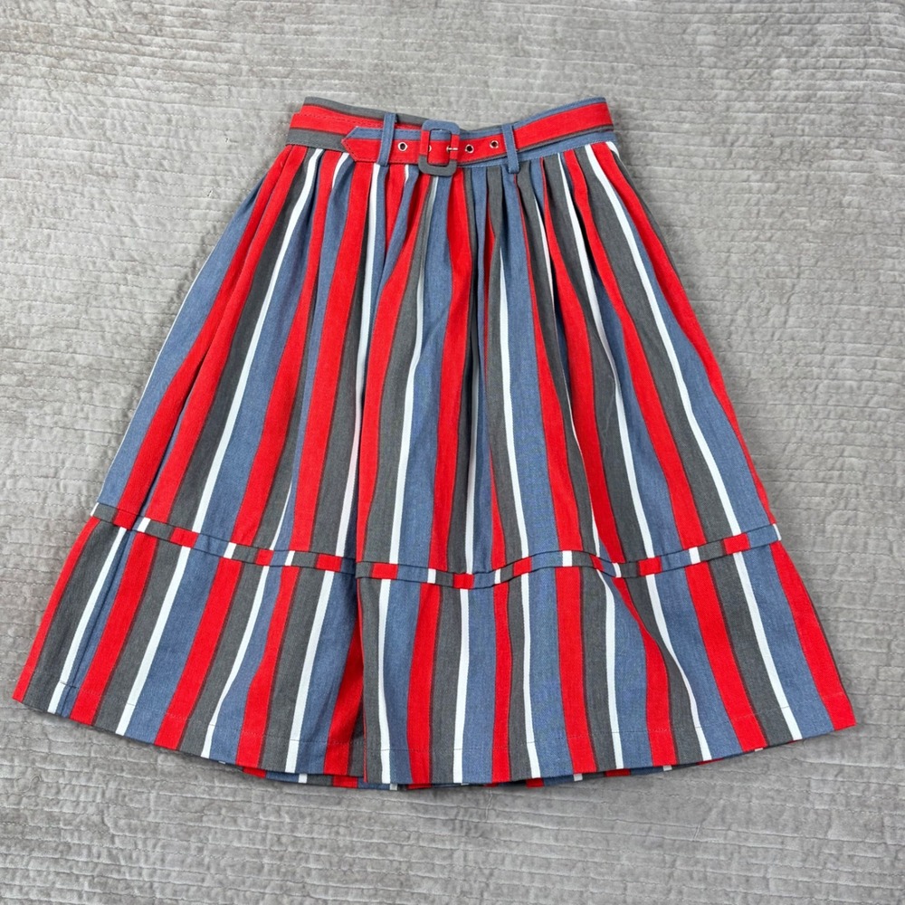 Saint Geraldine Red Blue Striped Cotton Midi Skirt with Belt XS NEW